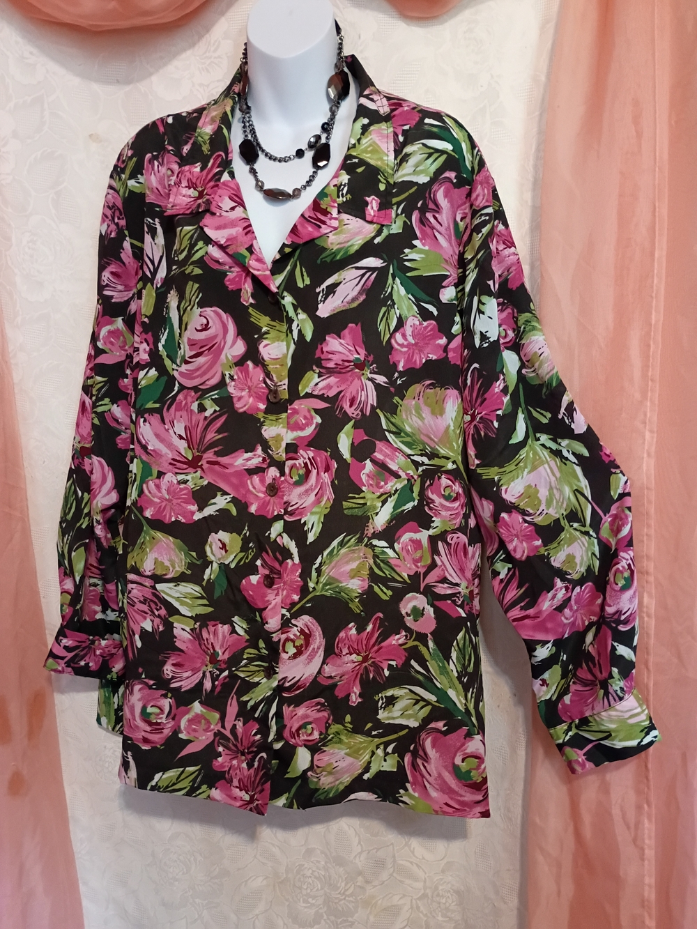 🛍️ BUNDLE ONLY🛍️Blair Black Floral Button-Up Blouse with Pink and Green Print